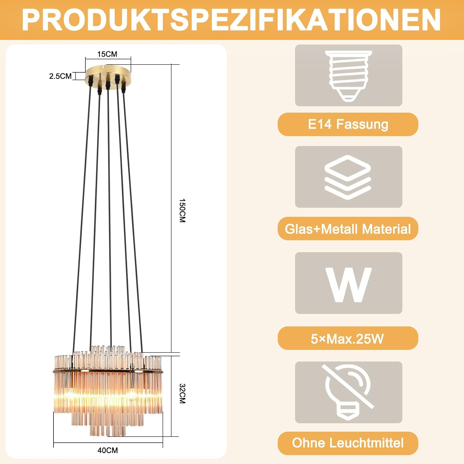 Un lampadario con dimensioni etichettate. Ha una parte superiore dorata, fili neri e un design a cristalli a strati. Testo con specifiche.