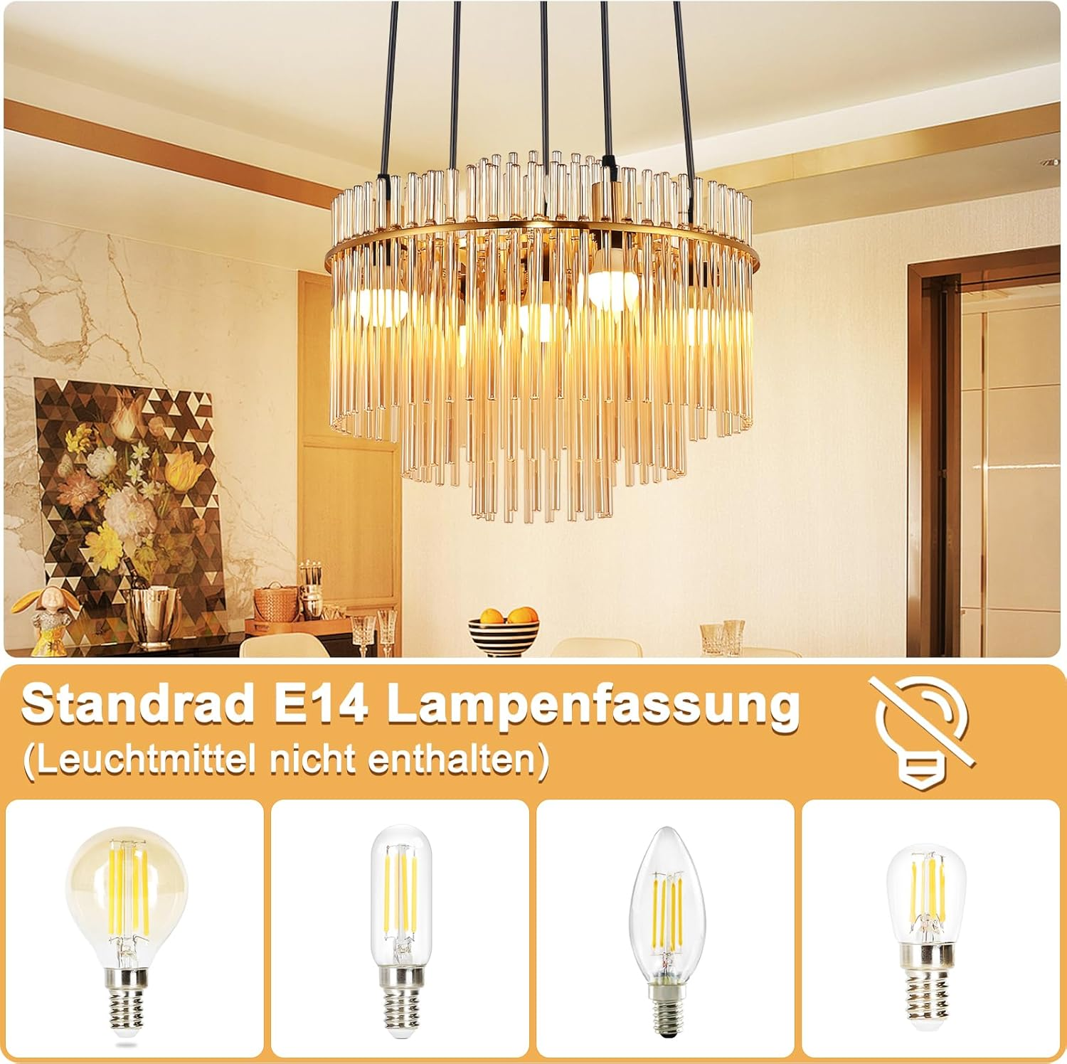 Un lampadario con cristalli sospesi illumina una stanza. Sotto, vengono visualizzate varie lampadine con il testo: Standrad E14 Lampenfassung.