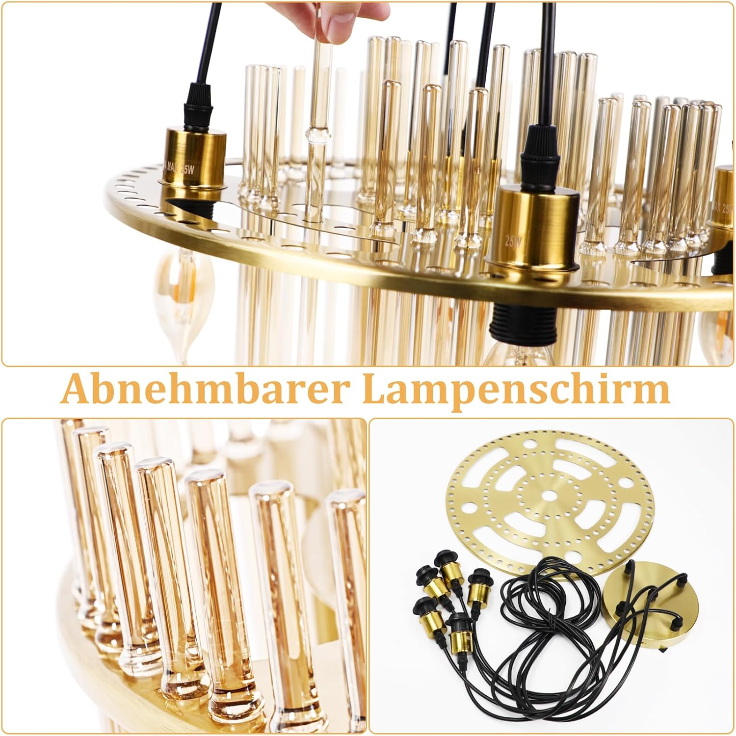Un primo piano di un lampadario smontato con accenti dorati. Le parti includono tubi di vetro, portalampada e una base circolare.