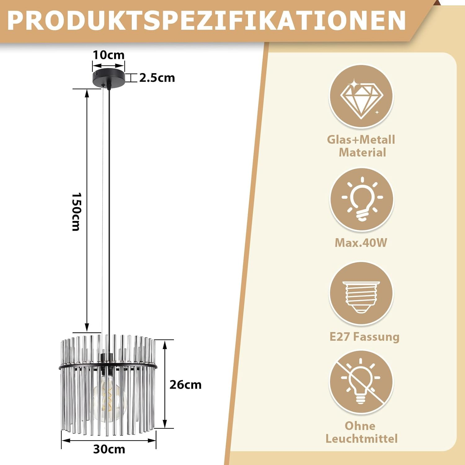 Una lampada a sospensione con dimensioni. Il testo descrive 'Glas+Metall Material', 'Max.40W', 'E27 Fassung' e 'Ohne Leuchtmittel'.