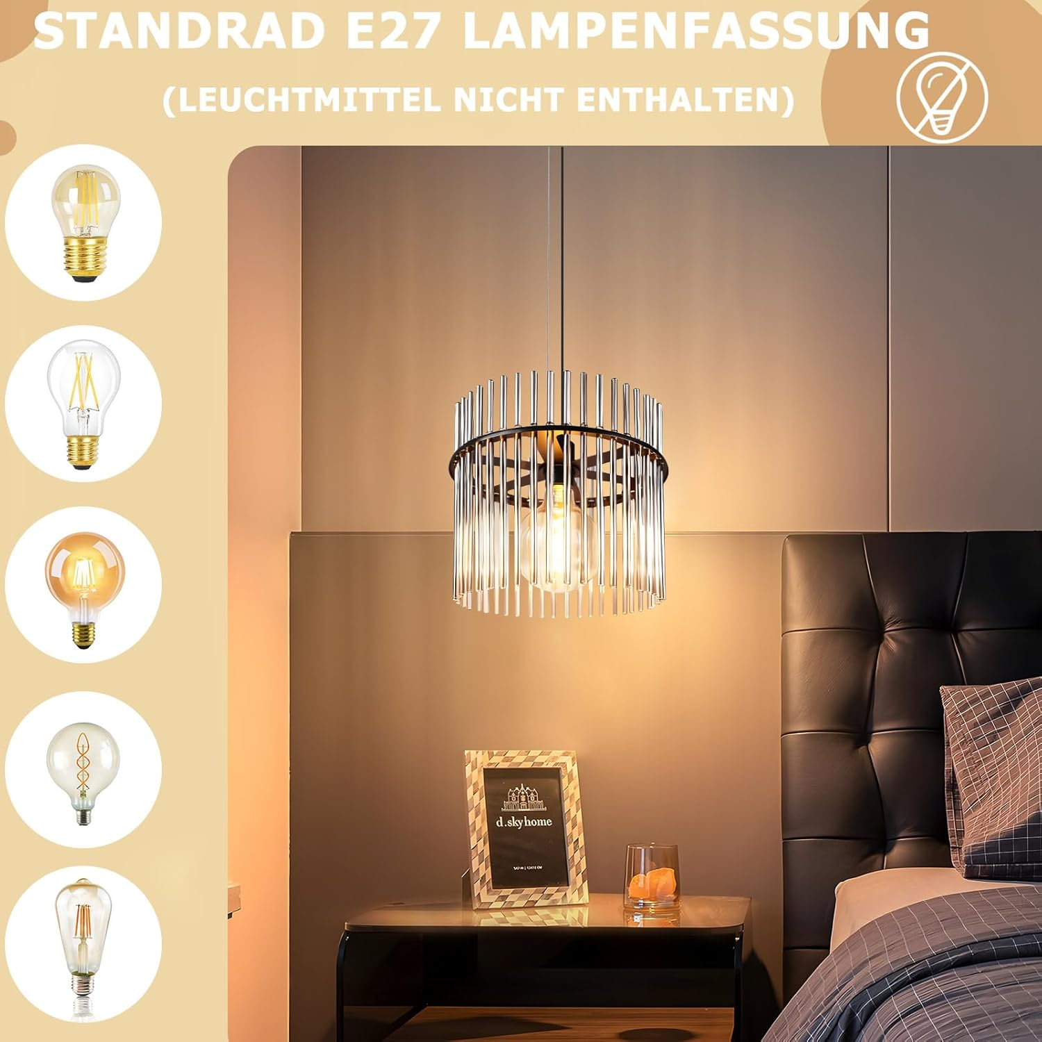 Scena di camera da letto con lampada a sospensione, comodino con cornice e bicchiere di fette d'arancia.