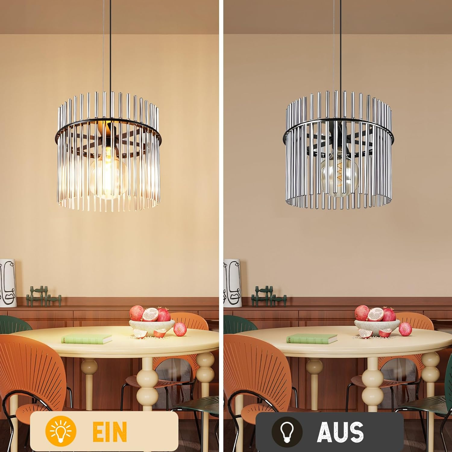 Una scena di sala da pranzo con lampadario moderno, tavolo con frutta e sedie. Un'immagine mostra le luci accese, l'altra spente.