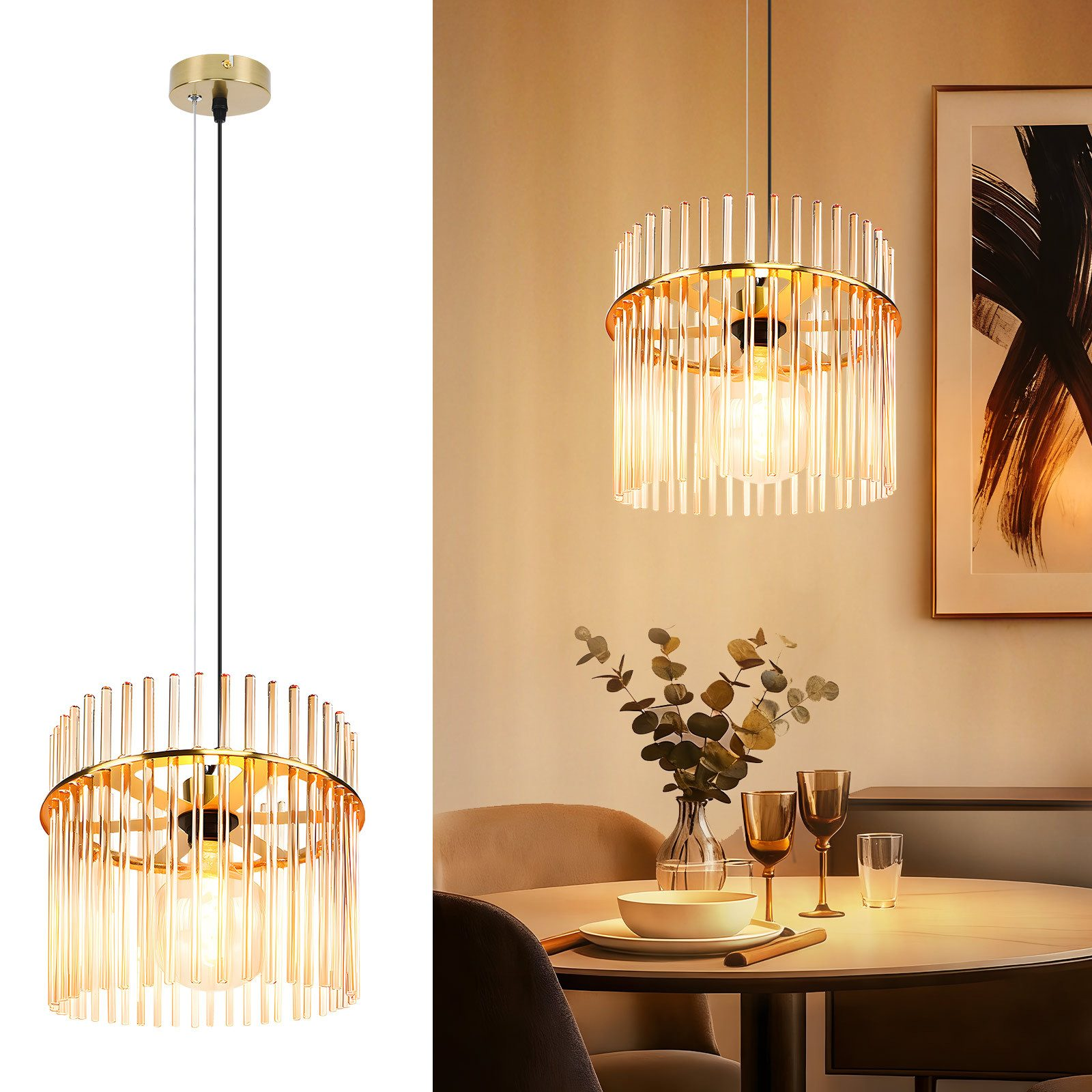 Un lampadario moderno con aste di vetro è appeso sopra un tavolo da pranzo. Il tavolo è apparecchiato con piatti, bicchieri e un vaso di fiori.