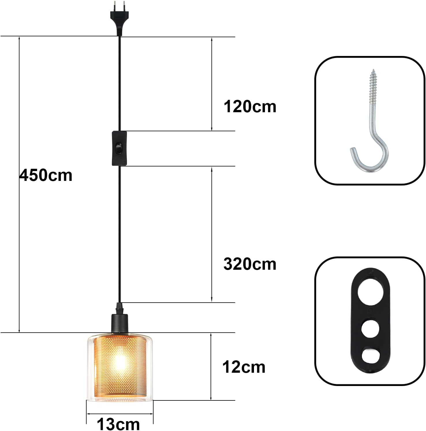 Una lampada a sospensione con dimensioni segnate. Include un gancio, una piastra di montaggio, una spina e un interruttore. La lampada è accesa.