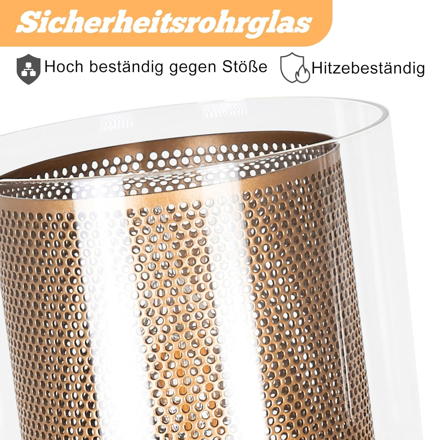Primo piano di un cilindro di vetro con uno strato interno di metallo perforato. Il testo in alto dice 'Sicherheitsrohrglas'.