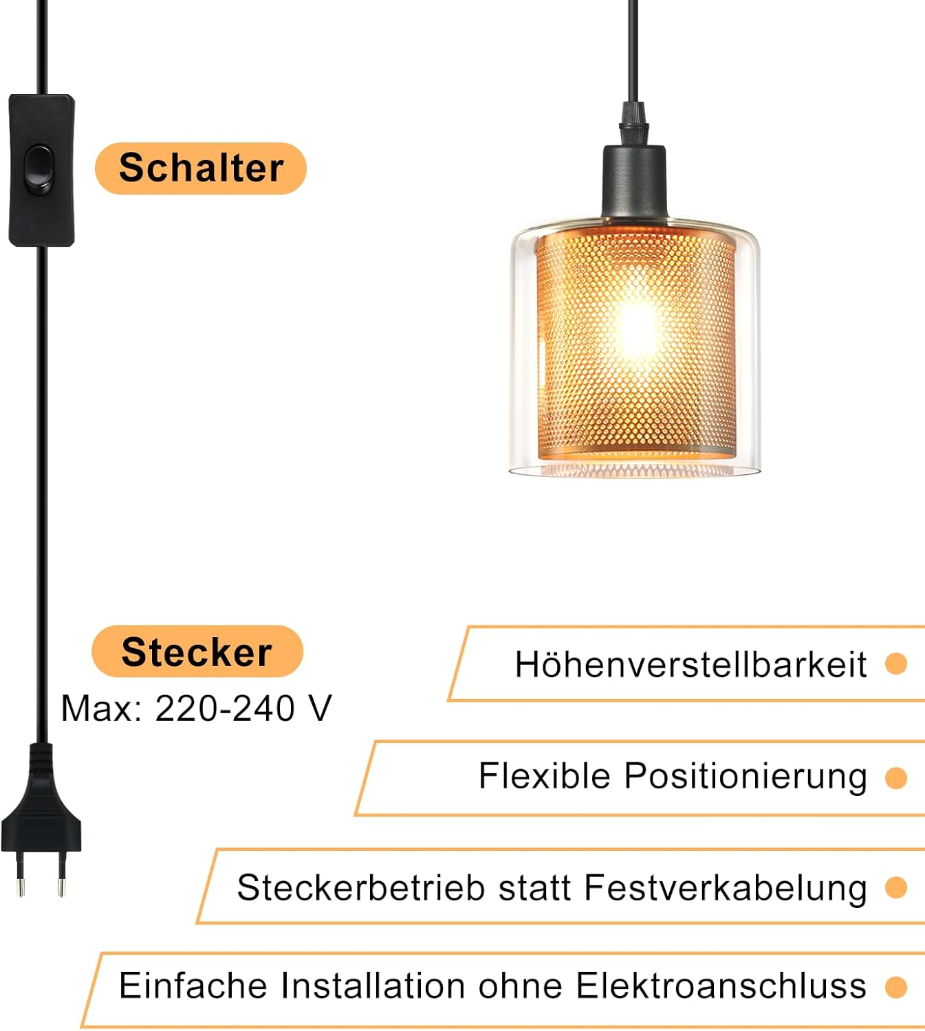 Una lampada a sospensione con interruttore, spina e dettagli sulla regolazione dell'altezza e facile installazione. La lampada è dorata all'interno.