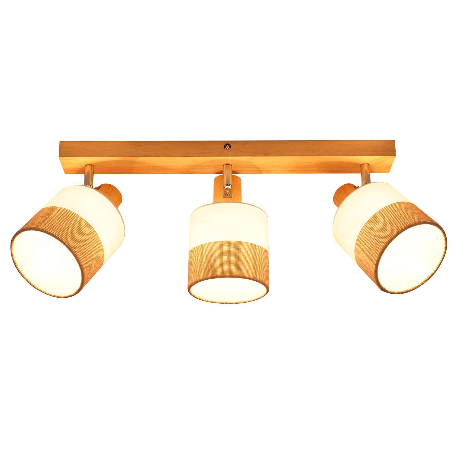 Un lampadario a soffitto con tre lampade cilindriche, una trave di legno e sfondo bianco.