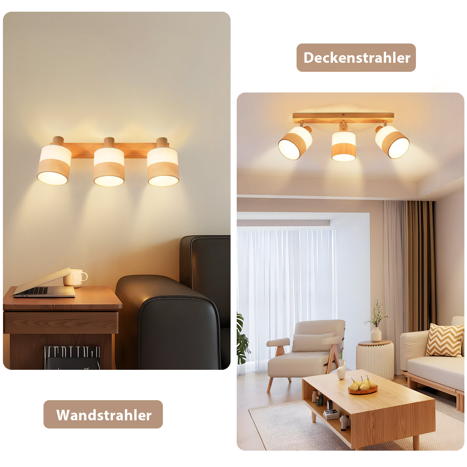 L'immagine mostra due scene. Una con una lampada da parete e una con una lampada da soffitto. Entrambe sono in legno e bianche.