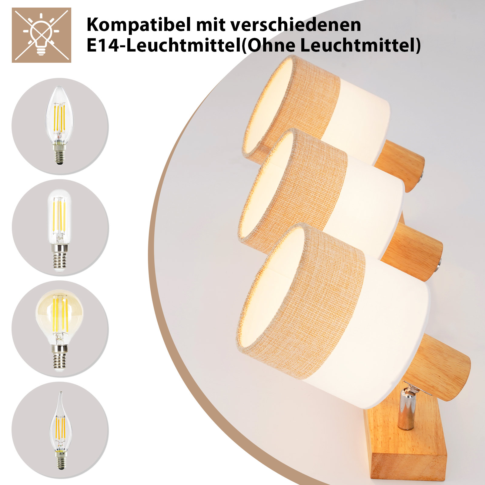 L'immagine mostra una lampada con tre paralumi, base in legno e varie lampadine. Il testo recita: Compatibile con E14.