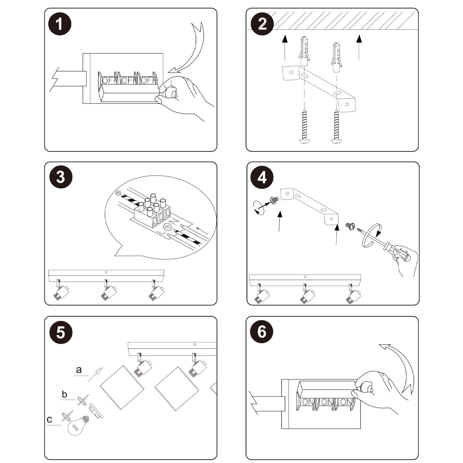 Diagrammi di istruzioni che mostrano come installare una lampada a binario, inclusi cablaggio e fasi di assemblaggio, con fasi numerate.