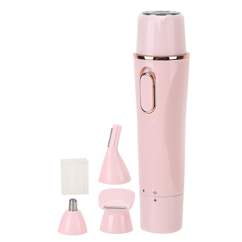 Ein rosa elektrischer Rasierer mit mehreren Aufsätzen. Enthält ein Hauptteil, Trimmer, Nasenhaartrimmer und Reinigungsbürste.