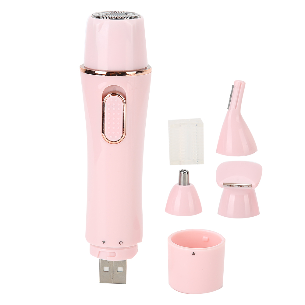 Ein rosa Elektrorasierer mit abnehmbaren Köpfen und einem USB-Anschluss. Enthält verschiedene Aufsätze für unterschiedliche Pflegebedürfnisse.