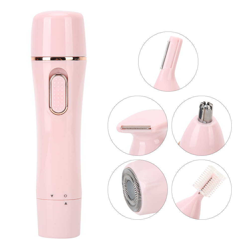 Ein pinkfarbener Elektrorasierer mit verschiedenen Köpfen. Enthält Trimmer, Folienrasierer, Nasenhaartrimmer und Augenbrauentrimmer.