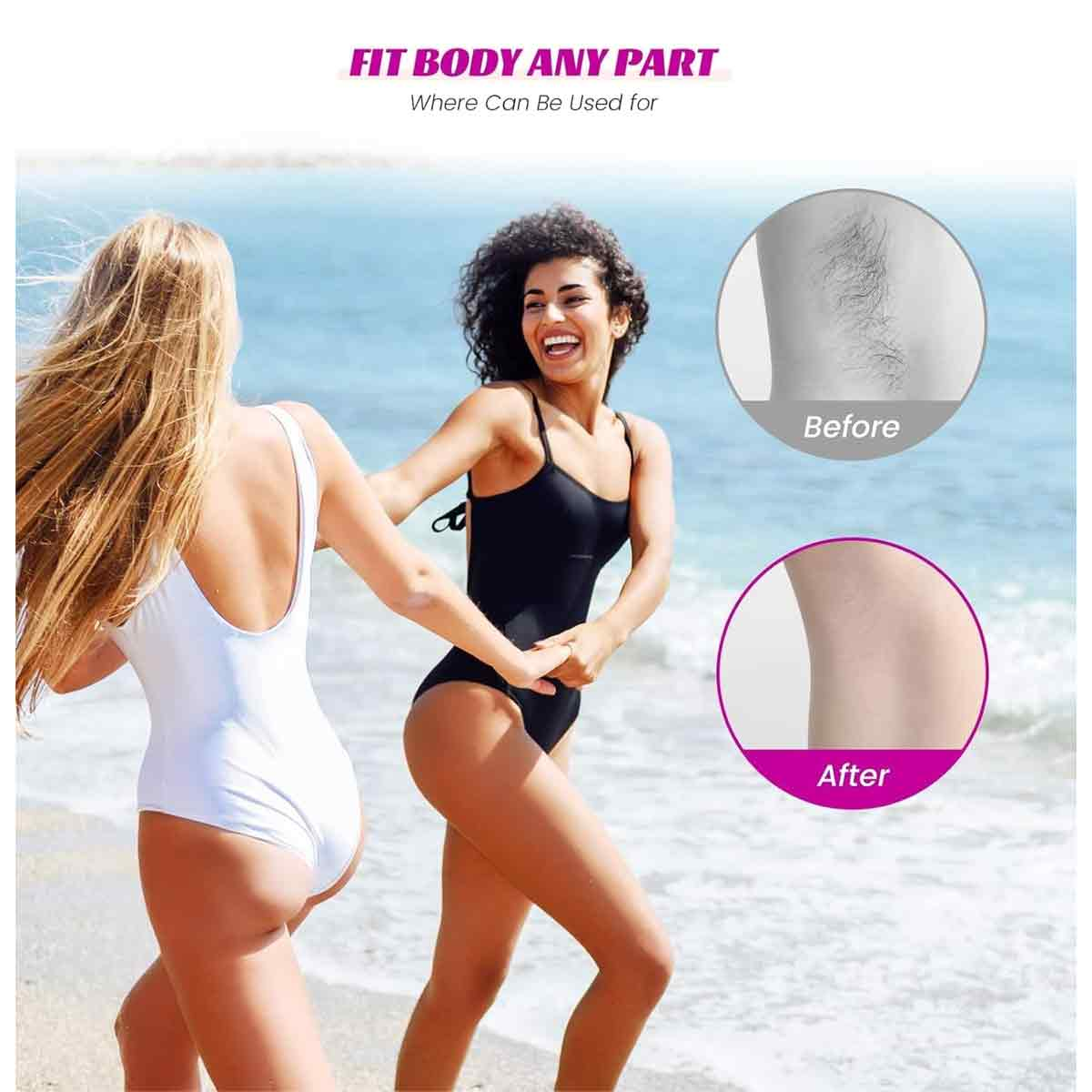 Zwei Frauen in Badeanzügen am Meer. Eine mit schwarzem, eine mit weißem Badeanzug. Vergleichsbilder von Vorher-Nachher-Haarentfernung.