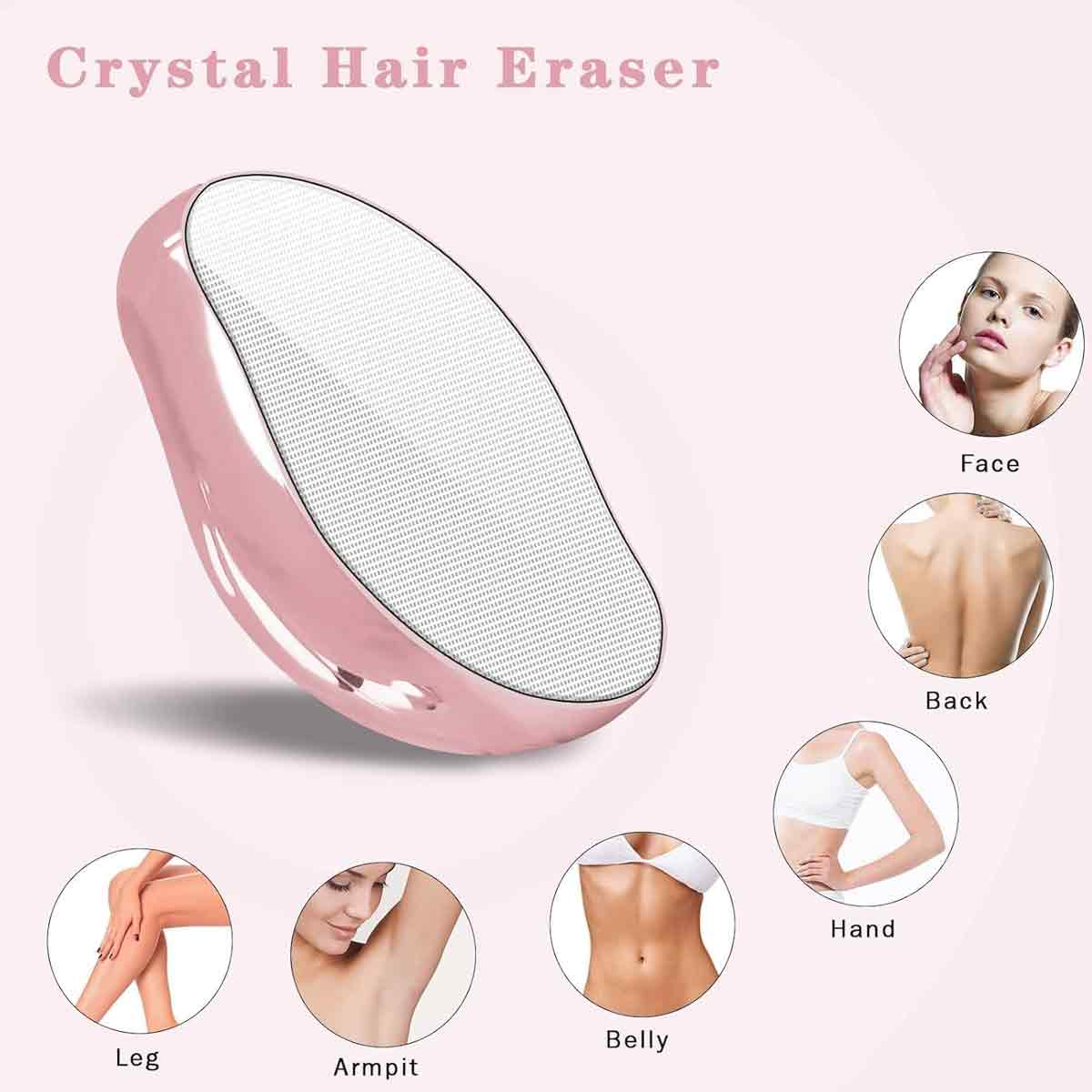 Ein pinkfarbener Crystal Hair Eraser. Kreise zeigen Körperteile: Gesicht, Rücken, Hand, Bein, Achsel, Bauch. Text beschriftet jeden Teil.