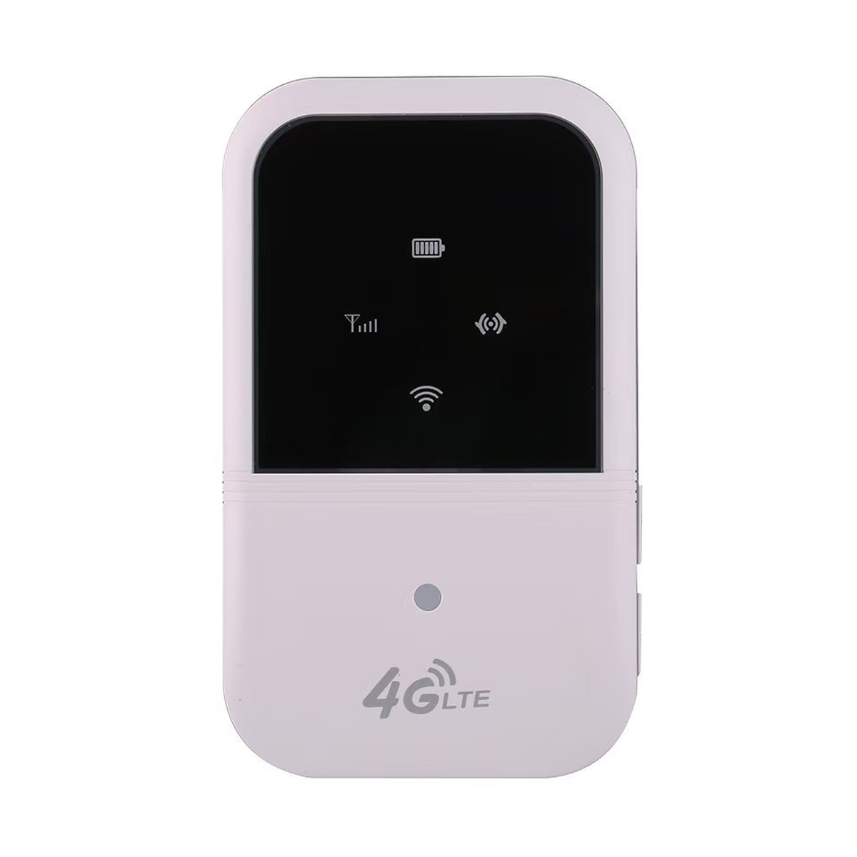 Weißes 4G LTE-Gerät mit schwarzem Bildschirm, der Signal-, Akku- und Wi-Fi-Symbole anzeigt. Unter dem Bildschirm befindet sich eine graue Taste.