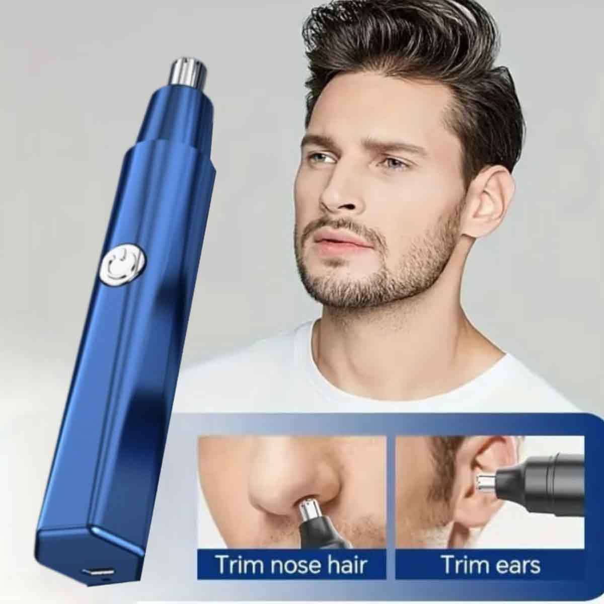 Ein Mann mit Bart hält einen blauen Nasenhaartrimmer. Zwei kleinere Bilder zeigen den Trimmer in Gebrauch: Nase und Ohr.