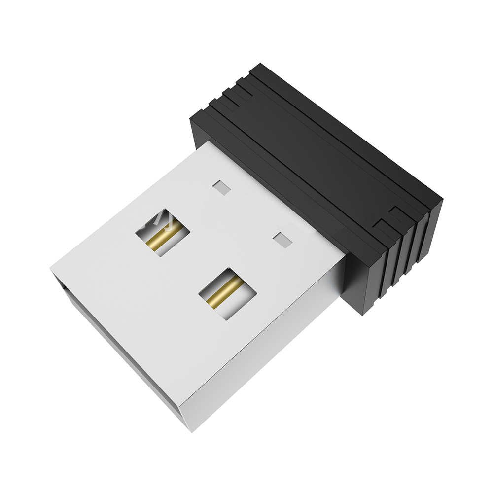 Ein USB-WLAN-Adapter. Er hat ein weißes Gehäuse und einen schwarzen Stecker. Zwei goldene Anschlüsse sind sichtbar.