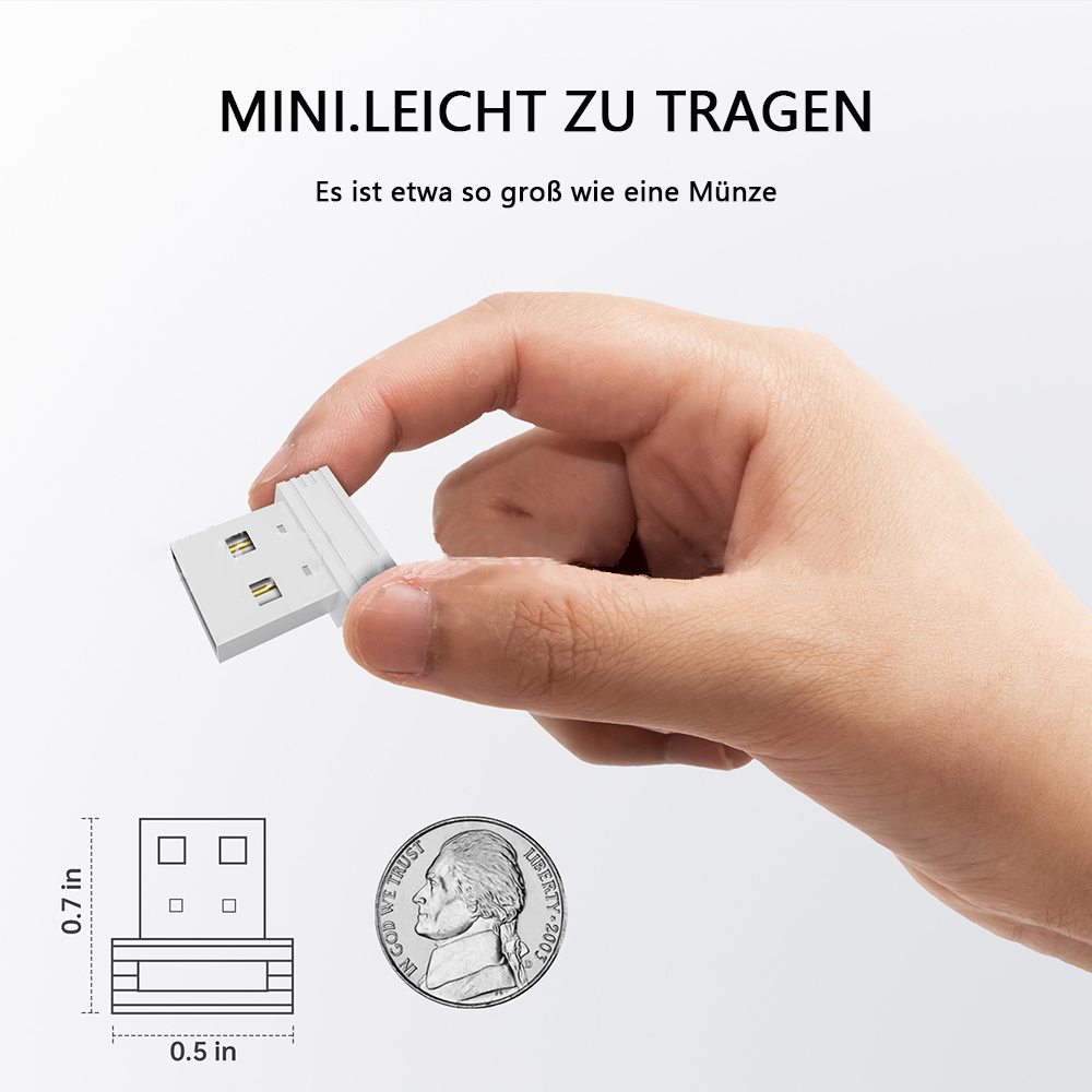 Eine Hand hält einen kleinen weißen USB-Adapter. Eine Münze und eine Abbildung ihrer Größe im Verhältnis zum Adapter sind ebenfalls gezeigt.