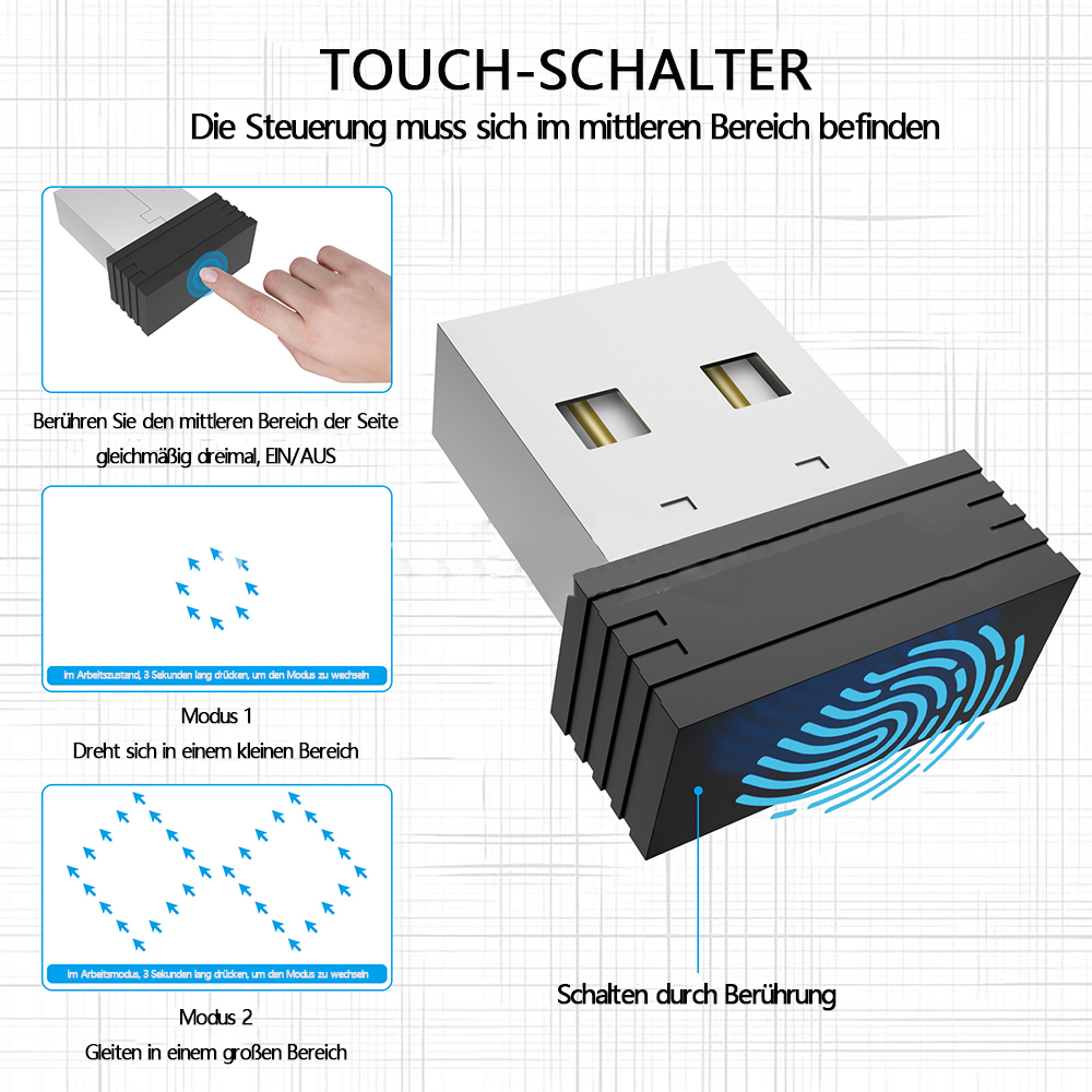Ein USB-Gerät mit schwarzem Touch-Sensor. Anweisungen auf Deutsch erklären seine Funktionen, zeigen Berührungsaktionen und Modusänderungen mit Pfeilen.