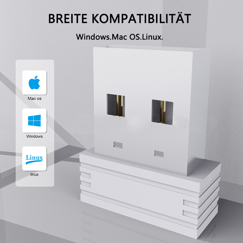Weißes Gerät mit zwei Öffnungen, kompatibel mit Windows, Mac und Linux. Symbole und Text zeigen die OS-Kompatibilität an. Text "BREITE KOMPATIBILITÄT" sichtbar.