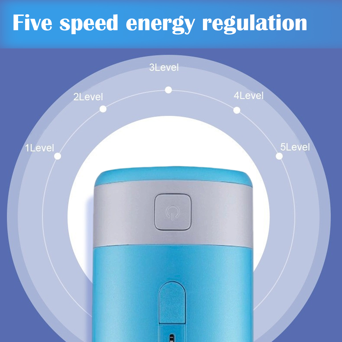 Ein blau-graues Gerät mit Ein/Aus-Taste, umgeben von den Stufen 1-5, und einem weißen Kreis, mit dem Text 'Fünf-Gang-Energieregulierung'.