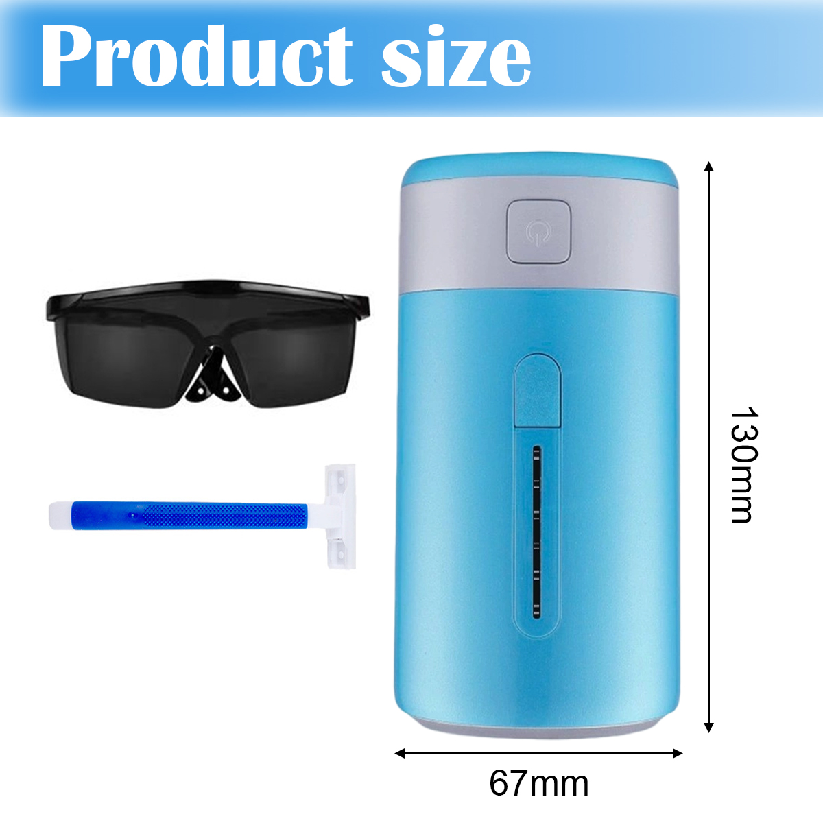 Das Bild zeigt ein blaues Gerät mit Rasierer, Brille und Maßen. Produktgröße Text steht oben. Abmessungen sind angegeben.