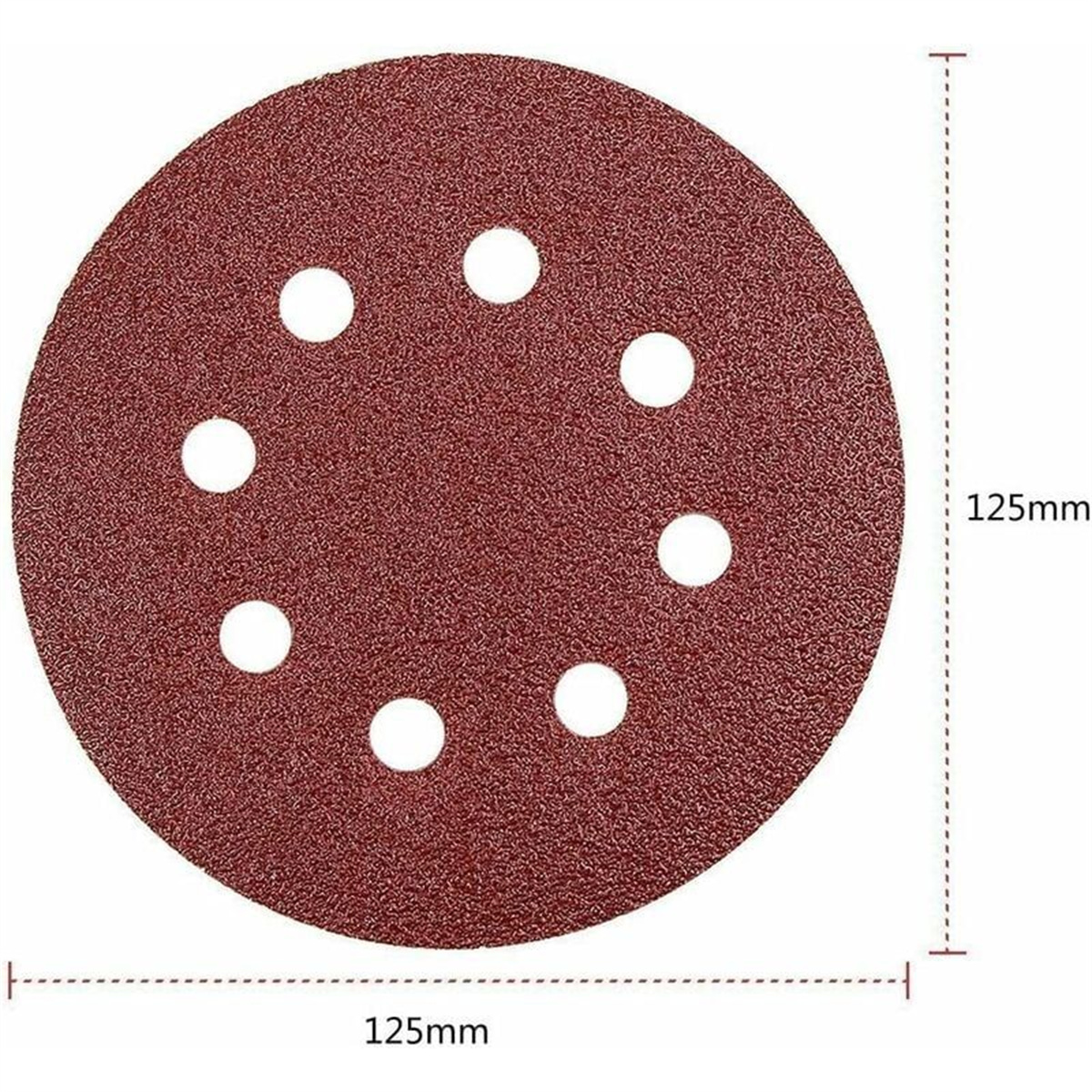 Eine kreisförmige, kastanienbraune Schleifscheibe mit acht weißen Löchern. Abmessungen sind 125 mm. Die Scheibe befindet sich auf weißem Hintergrund.