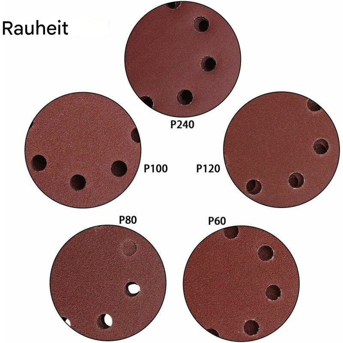Fünf maroon Schleifscheiben mit Löchern, beschriftet mit P60, P80, P100, P120 und P240. Das Wort 'Rauheit' steht oben links.