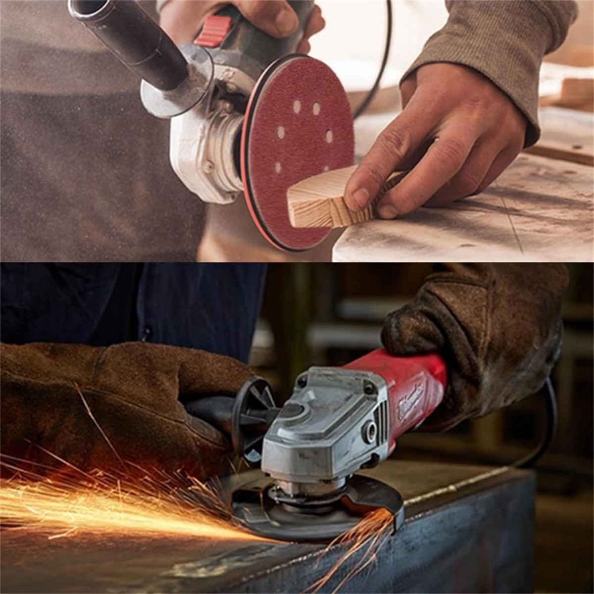 Eine Person, die Holz schleift, eine andere, die Metall mit Funken schleift.