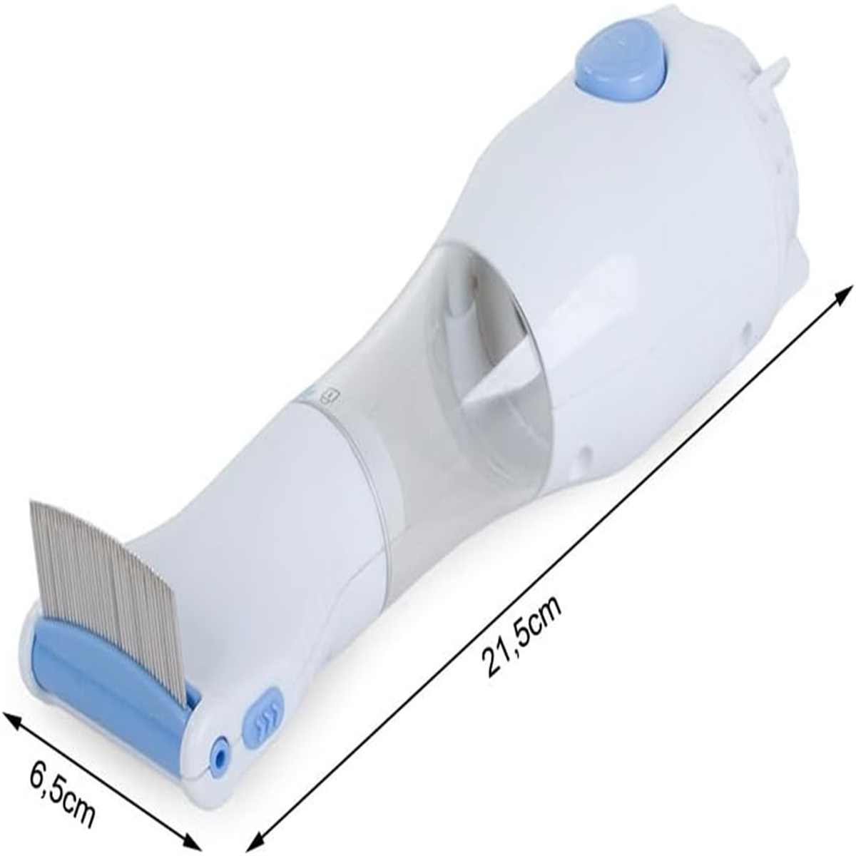 Weiß-blauer Läusekamm mit den Maßen 21,5 cm und 6,5 cm. Er hat einen transparenten Abschnitt und einen blauen Knopf.