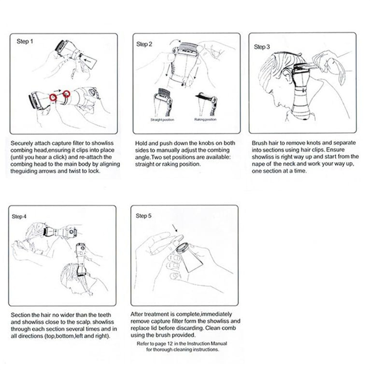 Anleitungsschritte für ein Haarpflegegerät, die Montage, Verwendung und Reinigung mit Diagrammen und Text veranschaulichen.