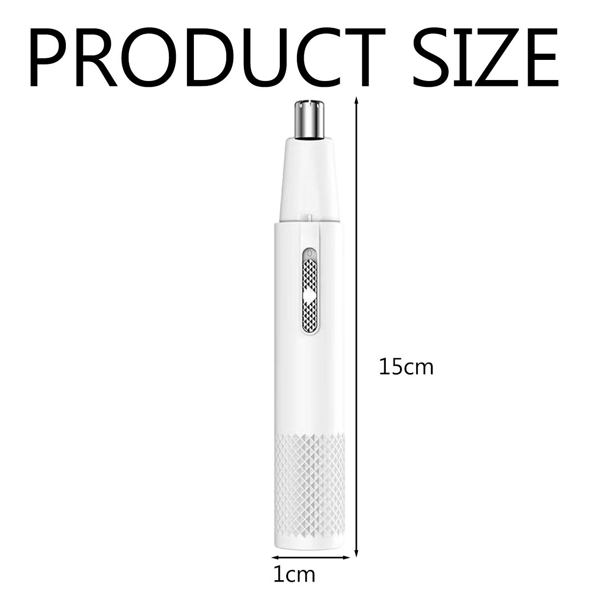 Ein weißer Nasenhaartrimmer wird gezeigt. Das Produkt ist 15 cm lang und 1 cm breit. Der Text 'PRODUCT SIZE' steht oben auf dem Trimmer.