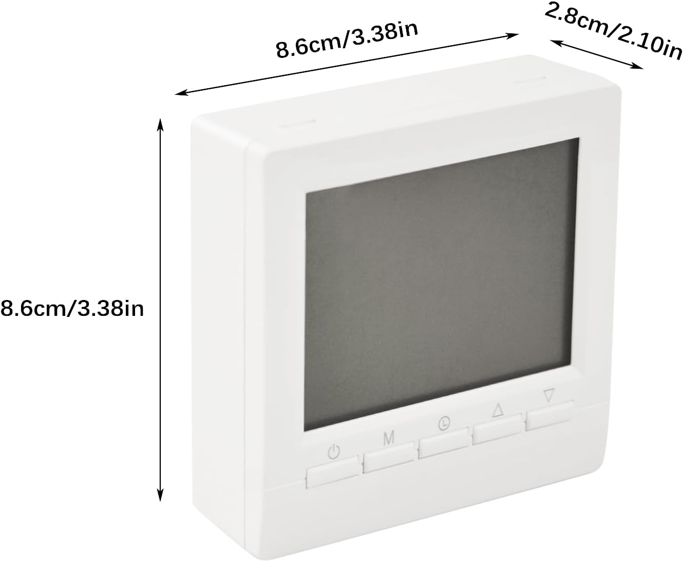 Weißes Thermostat mit dunklem Bildschirm, darunter Tasten. Abmessungen: 8,6 cm/3,38 Zoll x 2,8 cm/2,10 Zoll. Tasten sind Ein/Aus, Modus und Einstellungen.