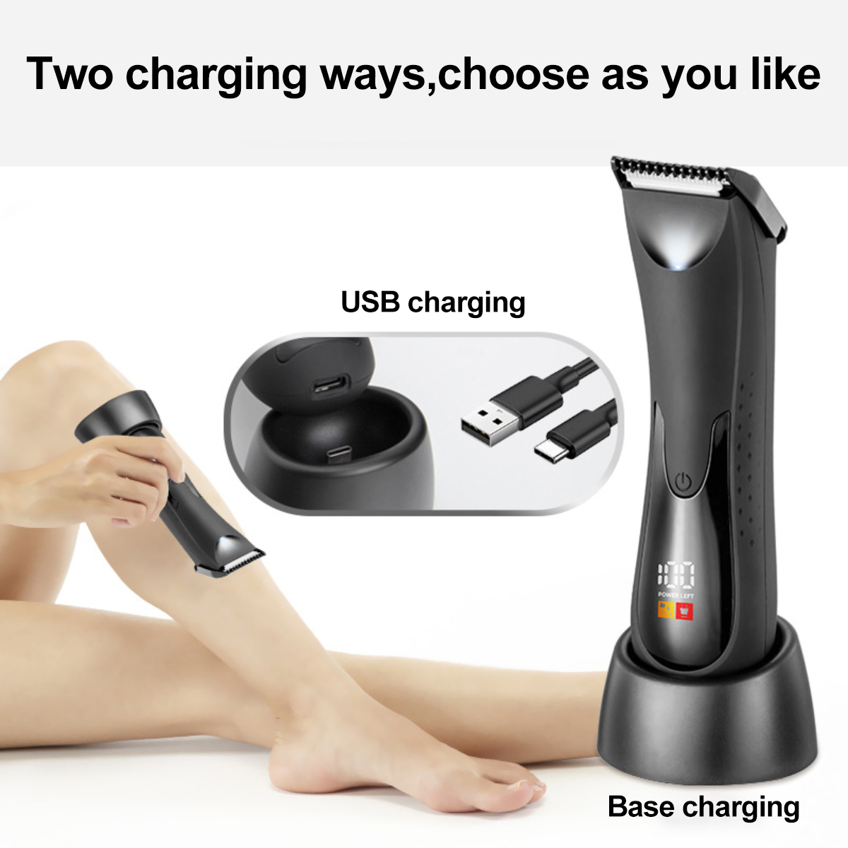 Das Bild zeigt einen schwarzen Trimmer mit zwei Lademöglichkeiten: USB und Basis. Eine Person benutzt den Trimmer an ihrem Bein.