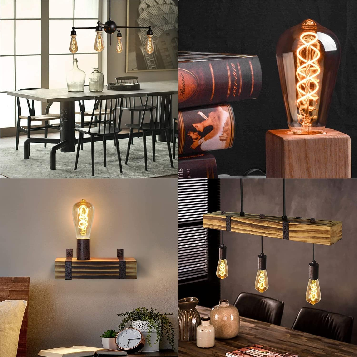 L'immagine mostra quattro diverse scene di arredamento per la casa con lampadine in stile Edison. Ci sono lampade da tavolo e luci a sospensione.