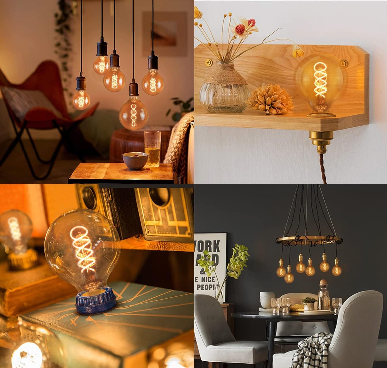 Quattro scene di lampadine decorative. Una con lampadine a sospensione, un'altra su una mensola di legno, una terza su libri e l'ultima sopra un tavolo da pranzo.
