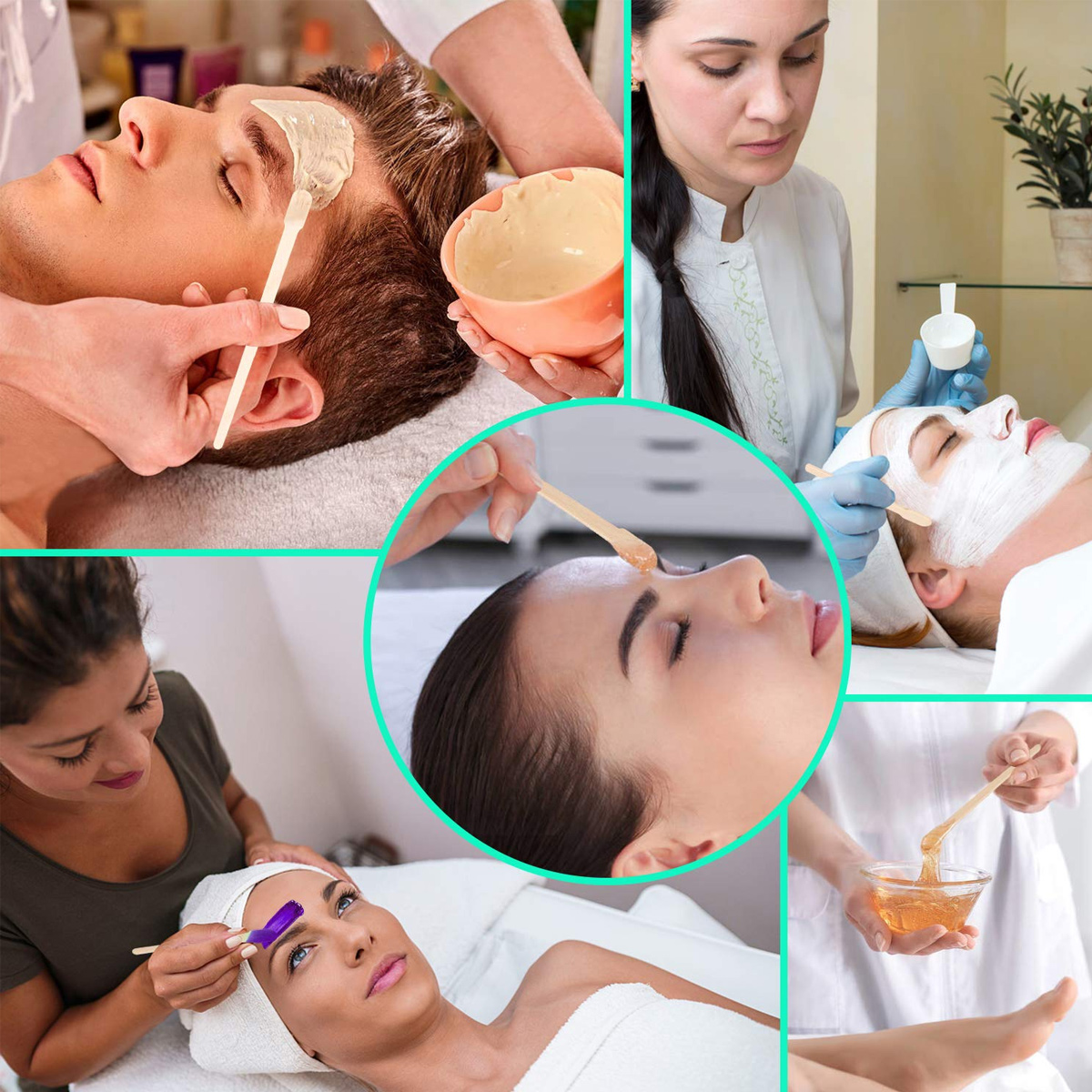 Collage von Gesichtsbehandlungen. Menschen erhalten Behandlungen mit Cremes und Wachsen. Spatel werden zum Auftragen der Produkte verwendet.
