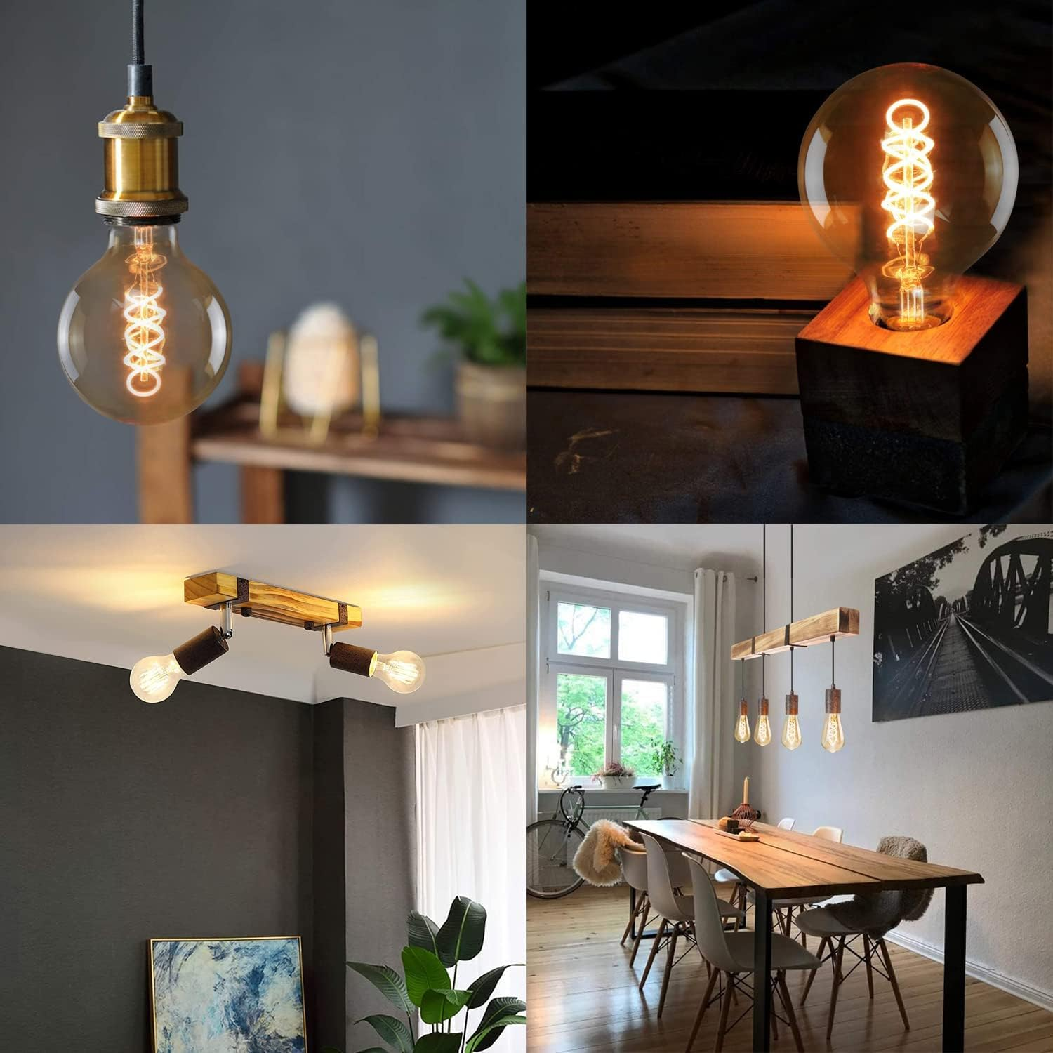 Quattro immagini mostrano diversi apparecchi di illuminazione. Sono visibili una lampada a sospensione, una lampada da tavolo, un'applique e una lampada a sospensione per tavolo da pranzo.