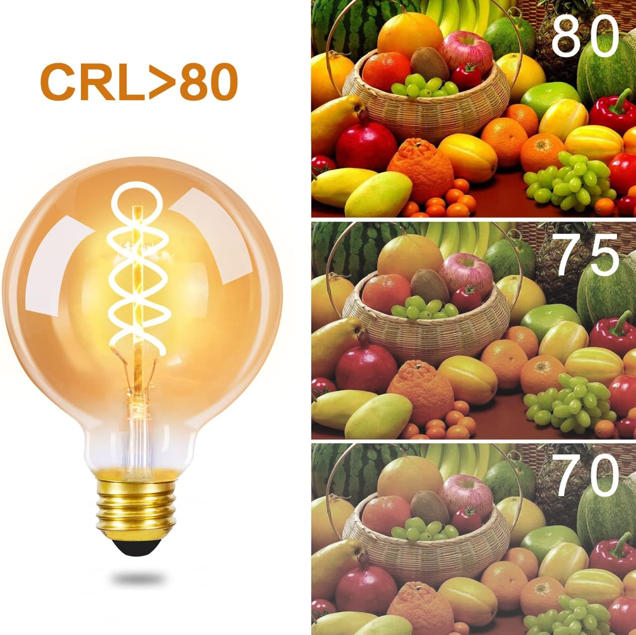 Una lampadina illuminata a sinistra. A destra, cesti di frutta colorata, tra cui mele, arance e uva, sono esposti.
