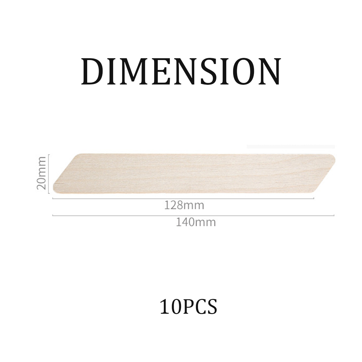 Das Bild zeigt einen Holzstab mit den Maßen: 140 mm lang, 20 mm breit. Text lautet 'DIMENSION' und '10PCS'.