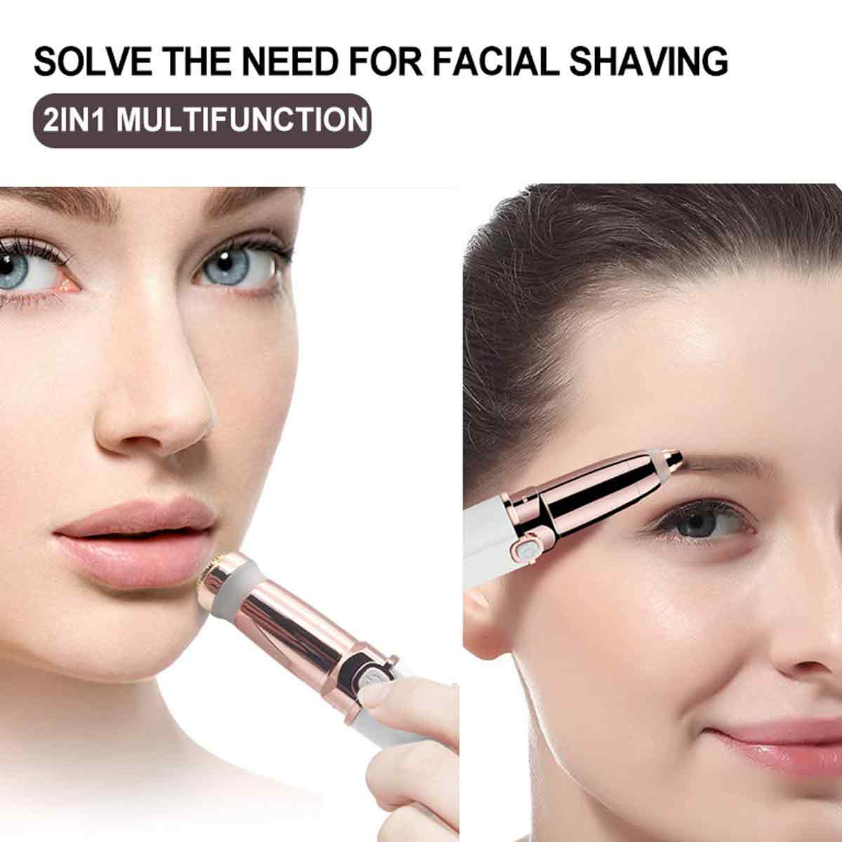 Zwei Frauen benutzen einen Gesichtshaarentferner. Eine rasiert den Lippenbereich, die andere die Augenbraue. Das Produkt ist 2-in-1.
