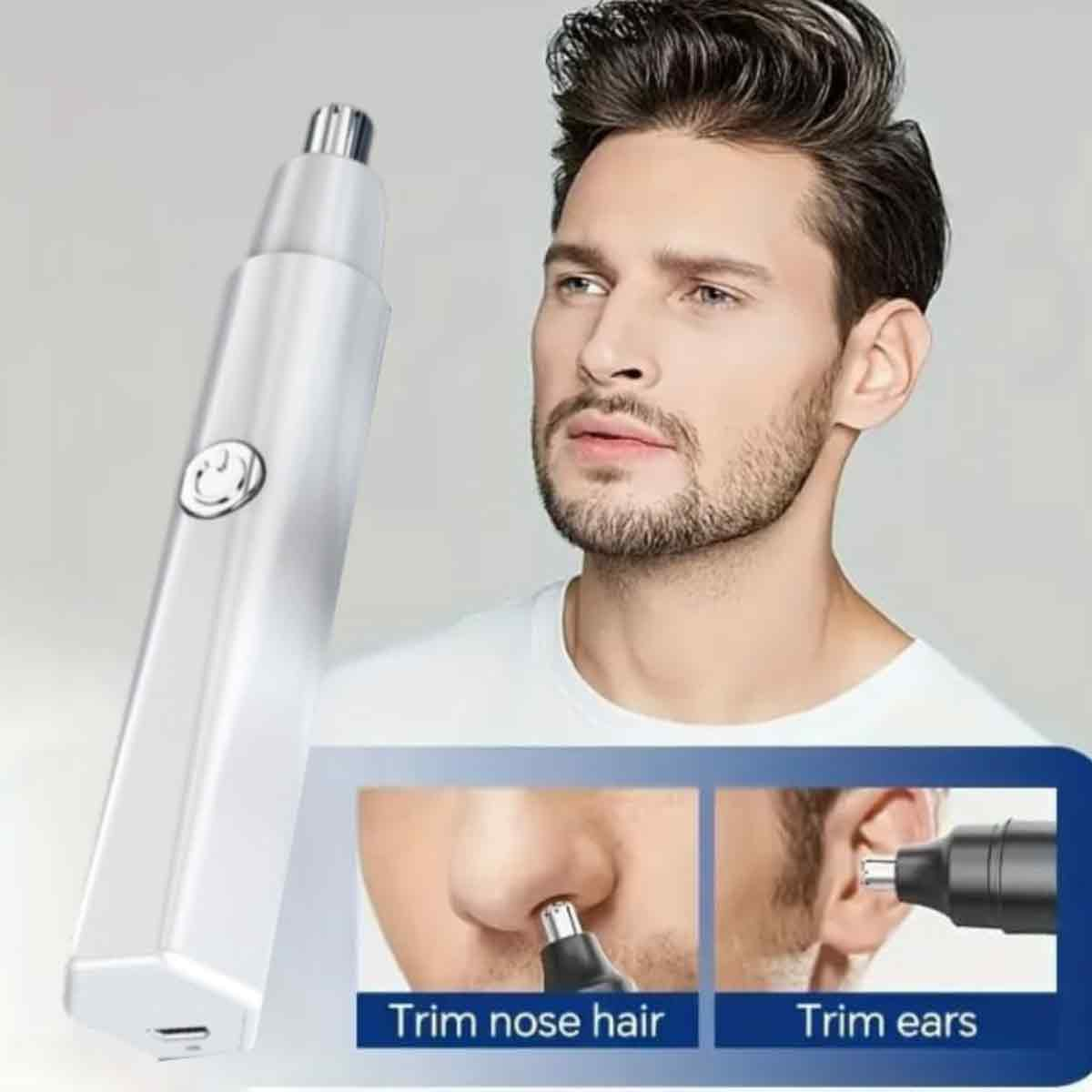 Ein Mann mit Bart hält einen Nasenhaartrimmer. Unten sind Bilder des Trimmers im Einsatz, beim Trimmen von Nasen- und Ohrhaaren.