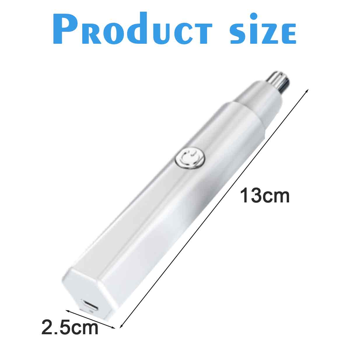 Ein silberner Nasenhaartrimmer mit Größenangaben. Produktgröße steht oben. Der Trimmer ist 13 cm lang und 2,5 cm breit.