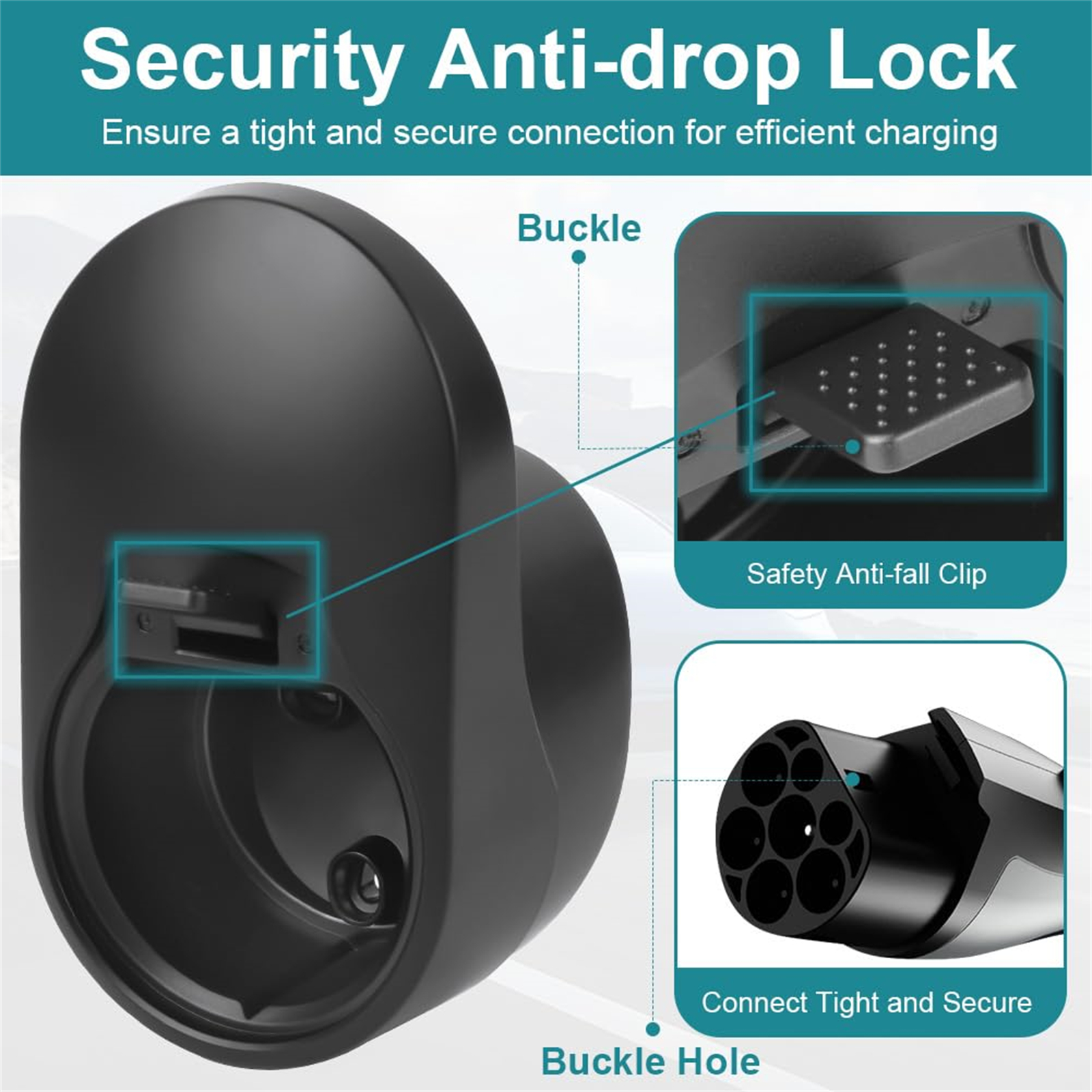 Schwarzes Anti-Drop-Schloss mit Schnalle, Anti-Fall-Clip und festem, sicherem Stecker zum Aufladen.