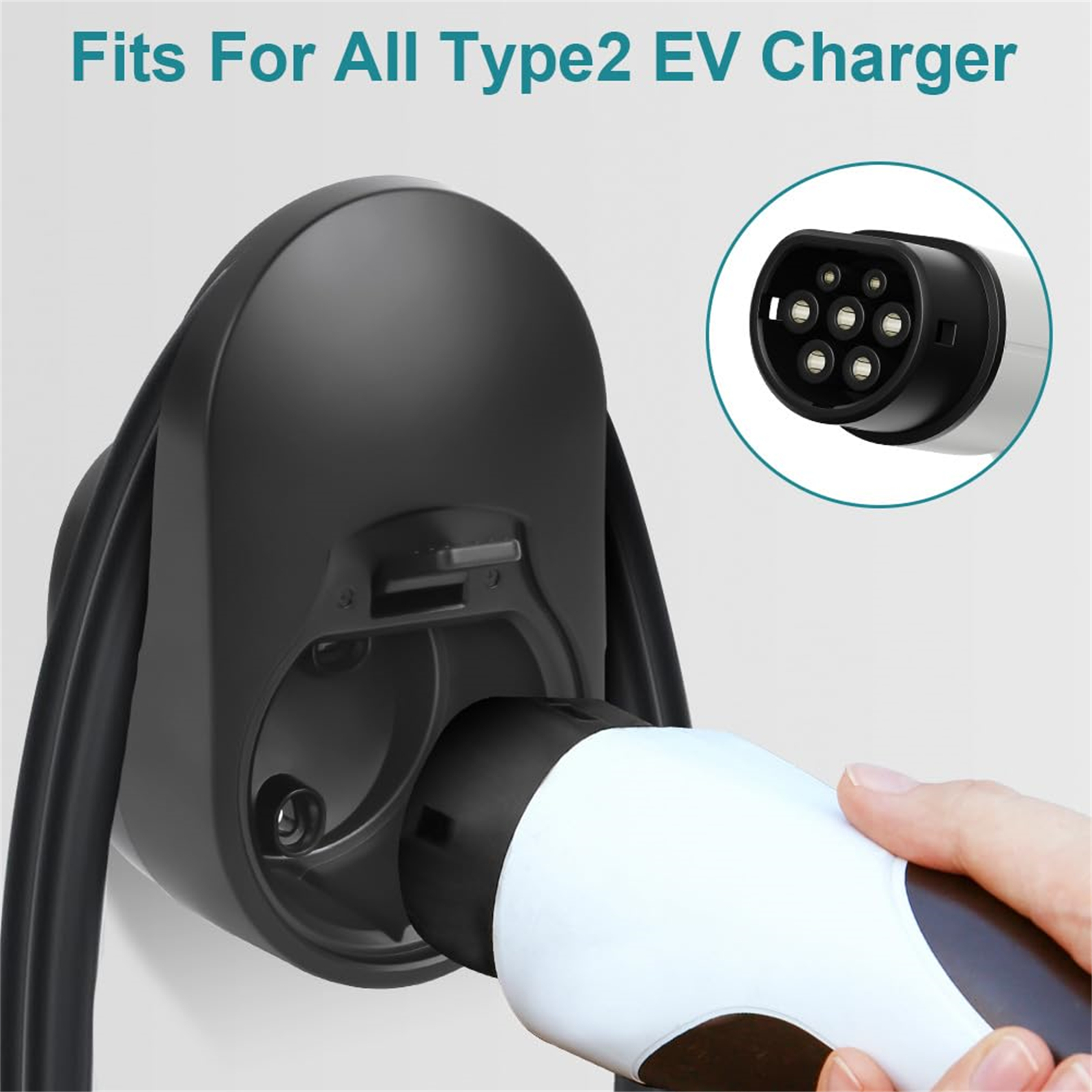 Ein EV-Ladegerät mit weißem und schwarzem Stecker wird in eine schwarze Ladestation gesteckt. Es gibt ein kleineres Bild.