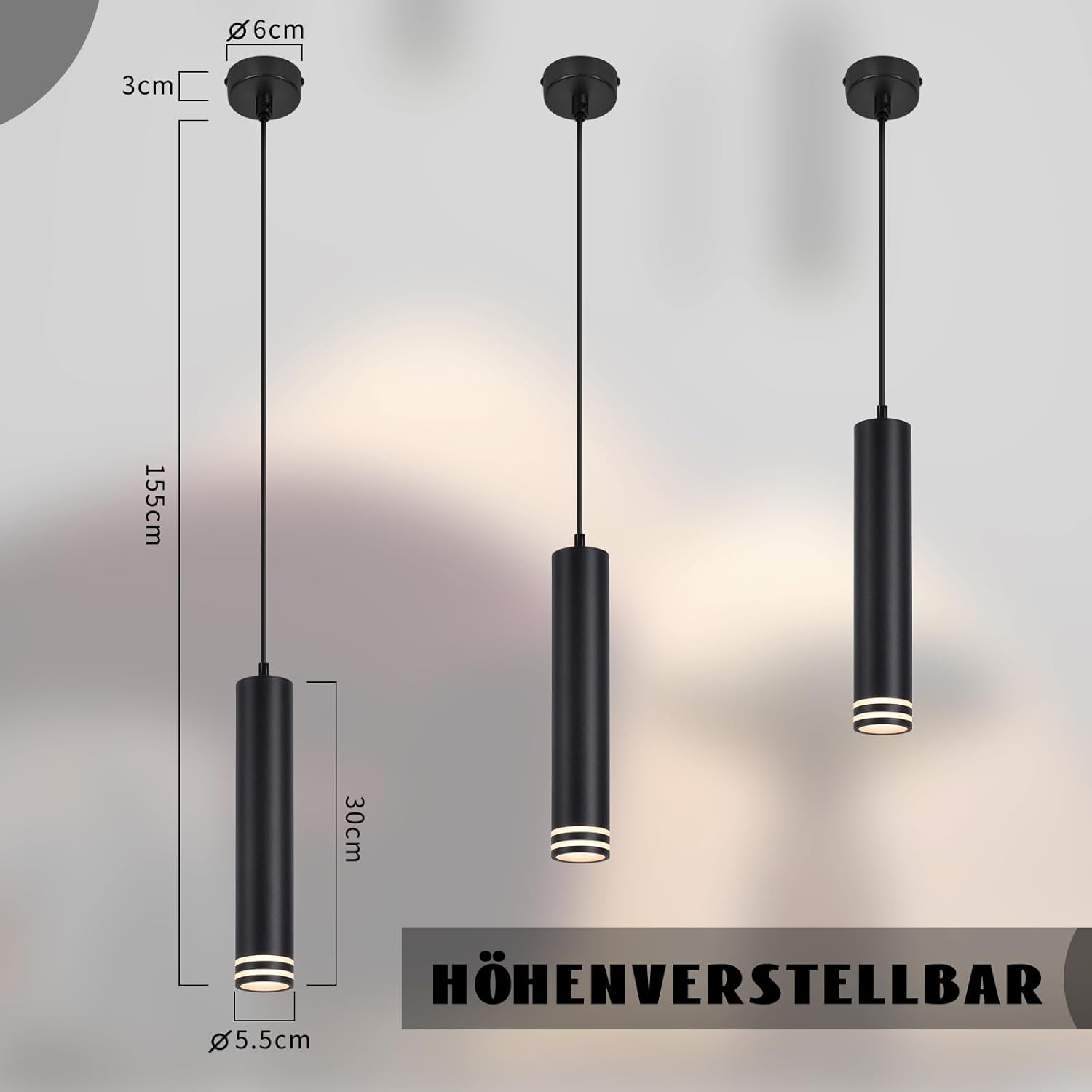 Tre lampade a sospensione cilindriche nere. Dimensioni: 155 cm, 30 cm, 5,5 cm e 6 cm. Il testo "HÖHENVERSTELLBAR" è in basso.