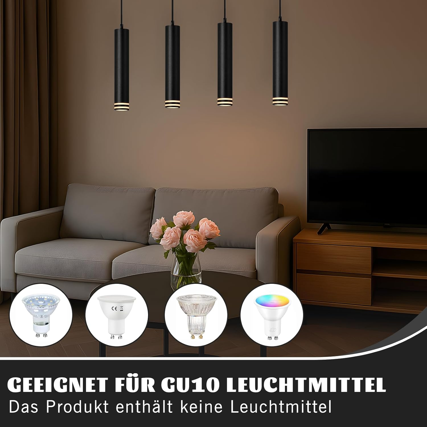 Un soggiorno con lampade a sospensione, divano, TV e tavolo. Quattro lampadine GU10 sono visualizzate in basso.