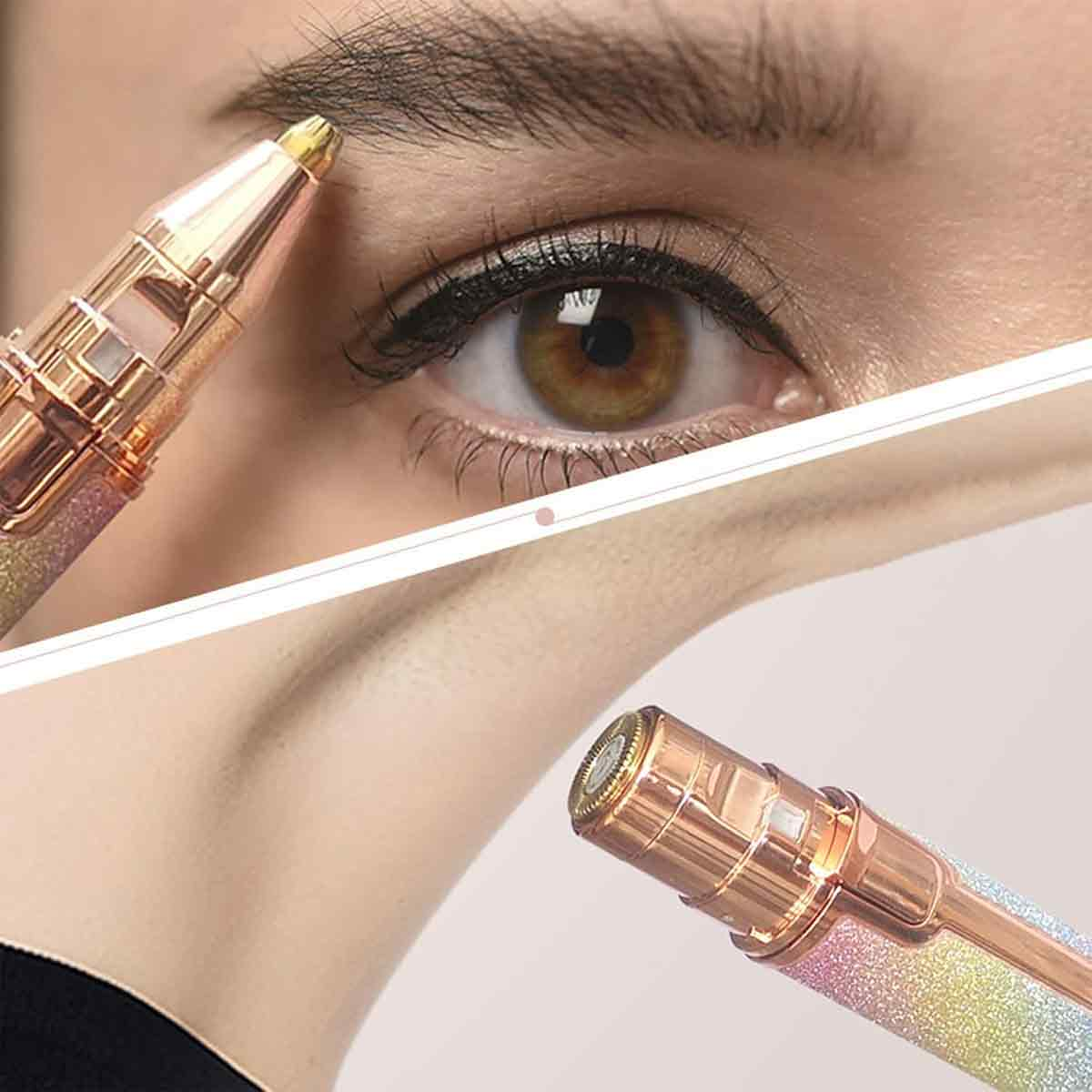 Nahaufnahme eines Auges und einer Augenbraue, die mit einem goldfarbenen Trimmer getrimmt werden. Die Haut ist hell, das Auge ist braun.