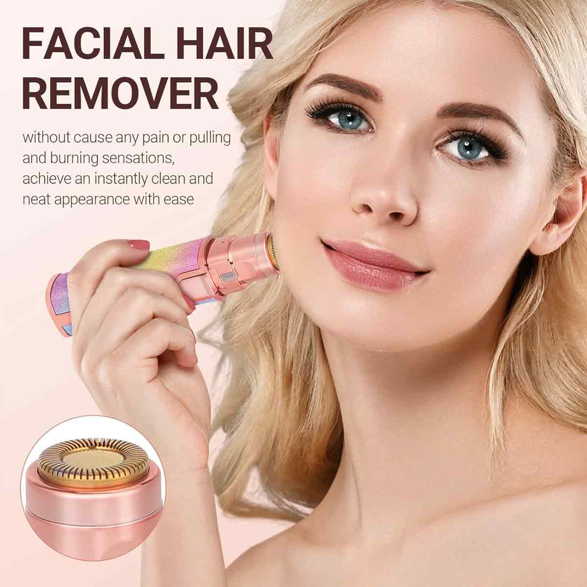 Eine Frau mit blonden Haaren hält einen Haarentferner. Das Gerät ist rosa und gold. Text sagt 'Facial Hair Remover'.